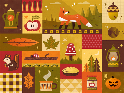 Autumn: A patchwork of autumns cozy little Adventures 2d autumn bugs colourfull cozy fall fox illustration kettle lantern leaves mug mushroom orange pimkin season vector warm woods worm