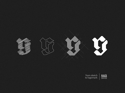 rg monogram: sketch to logomark blackletter bts coffee concept design progress draft fraktur lettering logo evolution logomark monogram old style rg logo rg monogram sketch sketch to vector type design typography