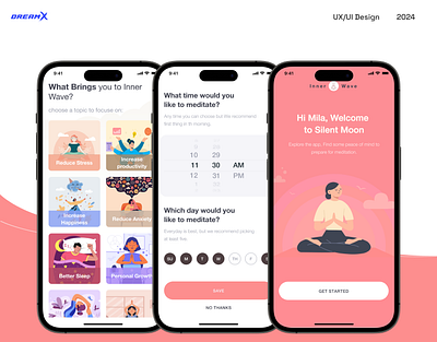 Meditation Wellbeing Mobile App Design - Inner Wave healthcare meditation meditation app meditation app design meditations uiux user experience design user interface design uxui wellbeing wellbeing app wellbeing app design wellness wellness app wellness app design