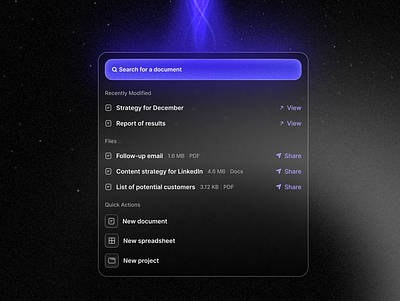 Search Modal Design SaaS Software dark mode documents dropdown filter menu modal pop up popup purple results search search bar search engine search menu search modal search results search results menu ui ui design widget