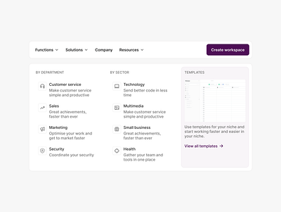 Dropdown menu navigation UI design dropdown header light mode meganav menu menu design menu dropdown nav navigation navigation design navigation dropdown menu purple saas select software tabs ui design