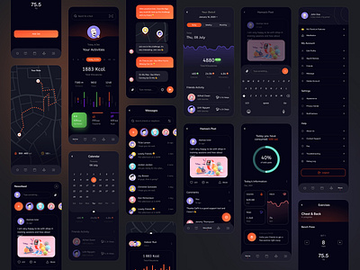 Dark Mode Fitness App | Complete UI Design activity tracker app design darkmode fitnessapp minimal design mobile app modern ui ui ui design ux design