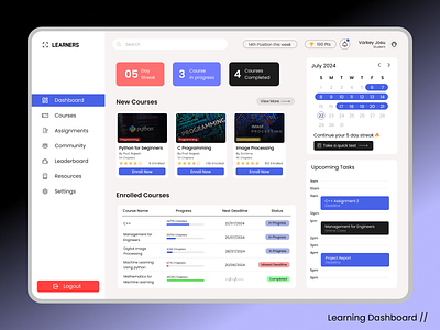 LMS Dashboard | Light Theme app cards course dark theme dashboard education platform elearning learning management system learning platform light theme lms product design responsive saas ui ux web app web design website wiki