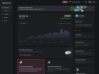 Mantis Ads - Dark UI - Advertiser Dashboard advertising charts clean dark dashboard design ui ux