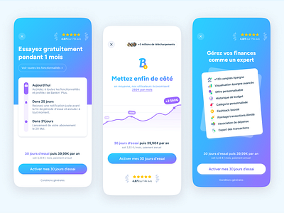 Banking App Offerwall Exploration ab test blue design features finance gradient graph money offerwall paywall rate social proof store subscription ui ux