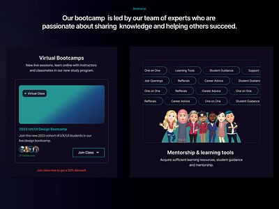 Virtual Bootcamps - new study program career advice classmates course edtech instructors job openings learning tools live design live sessions mentorship one to one online education platform referrals student guidance study program ui ux virtual bootcamps web design website