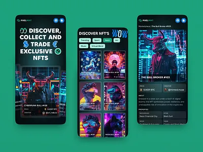 Mobile Marketplace Design for NFT Trading crypto art cryptocurrency design mobile design nft art nft design nft gallery website nft marketplace nft web design nft website ui ux web design website website design