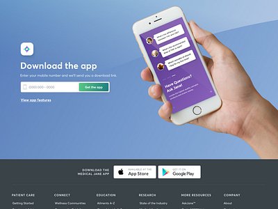 Medical Jane App Preview + Website Footer CTA android app application blue cta header design download footer ios landing page mobile phone purple web design website