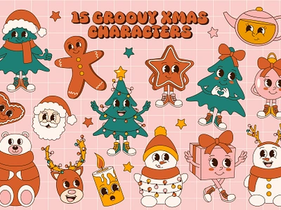 Merry Groovy Xmas Characters cartoon character christmas cute groovy illustration retro sticker vintage xmas