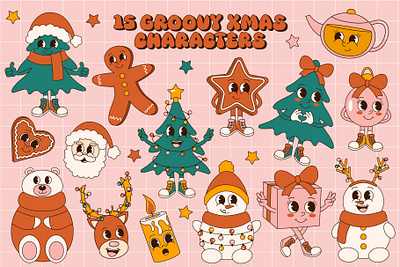 Merry Groovy Xmas Characters cartoon character christmas cute groovy illustration retro sticker vintage xmas