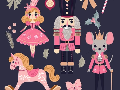 The Nutcracker Magic - Vector Illustration Set ballet candy cane christmas christmas story cute design doll fairytale graphic design holiday illustration maus king merry christmas nutcrarcker pink pink christmas snowflake toy vector illustration xmas