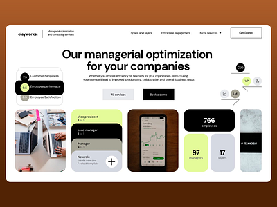 Clayworks Management Landing Page branding business collaboration company customer happiness demo employee engagement employee performance employee satisfaction homepage lead manager manager managerial optimazation productivity project management task manager team management teamwork ui ux