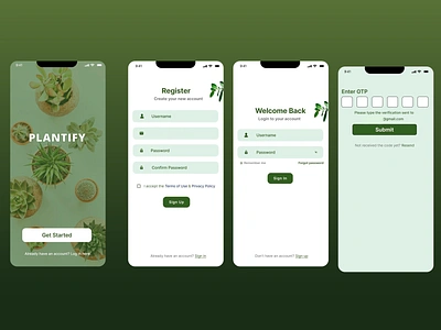 Plantify application account app app design brand identity design graphic design login screen mobile app design mobile ui mobile ux onboarding screen password registration sign in sign up terms of service ui user interface username ux