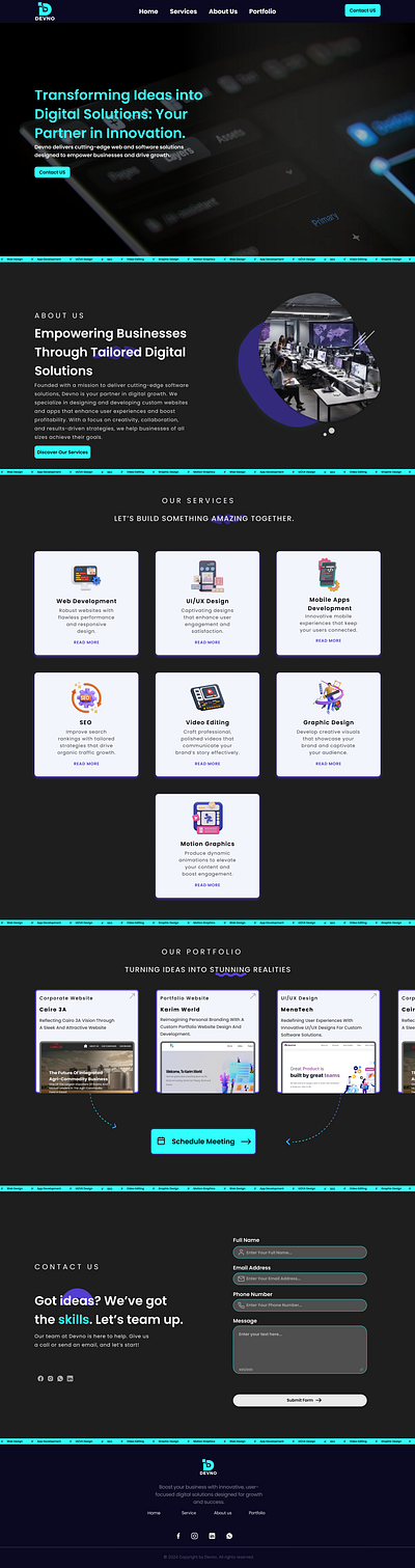 Devno Agency Website Design creativeagency darktheme designshowcase digitaltransformation dribbblecommunity figma softwaresolutions techagency techdesign ui uiuxdesign ux webdesign