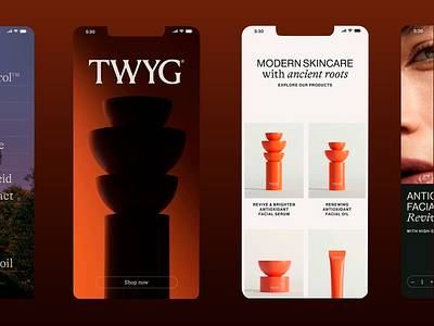 TWYG - Modern Skincare With Ancient roots ai ancient roots antioxidant app design app interface catalog cosmetic product cosmetogy design e commerce facial oil facial serum makeup modern skincare natural product design shopify template skin care ui ux