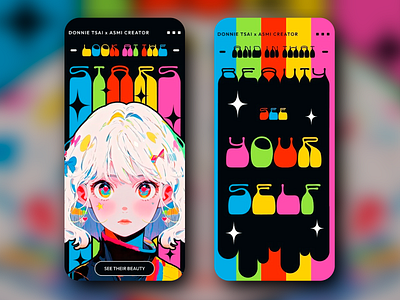 DONNIE TSAI & ASMI CREATOR APP SCREEN DESIGNS animation animie animie girl app design beauty character design colorful digital art graphic design illustration mobile design phone screen phone wallpaper positive rainbow self love ui ui design ux ux design