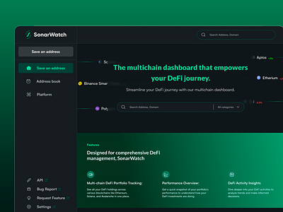 SonarWatch - multichain dashboard address book binance blockchains branding dashboard defi activity insights defi dashboard etherium investment tracking multichain platform portfolio tracking trends ui ui design ux ux design web application web ui web ux