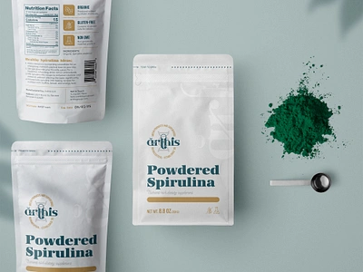 Arthis Spirulina antioxidant branding chlorella elegant food grip seal illustrator matcha moringa nutraceutical organic packaging pouch sea moss spirulina superfood supplement template visual identity ziplock