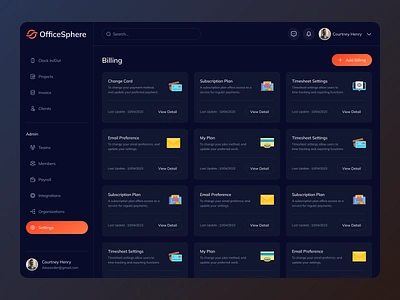 Billing settings page - OfficeSphere billing history billing settings dashboard minimalism navigation saas sidebar ui design