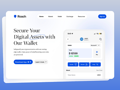 Roach - Virtual Crypto Wallet Interface coins crypto crypto app crypto wallet design digital assets digital security exchange landing page mobile mobile app ui secure wallet ui ux virtual wallet wallet interface web ui web ux website design