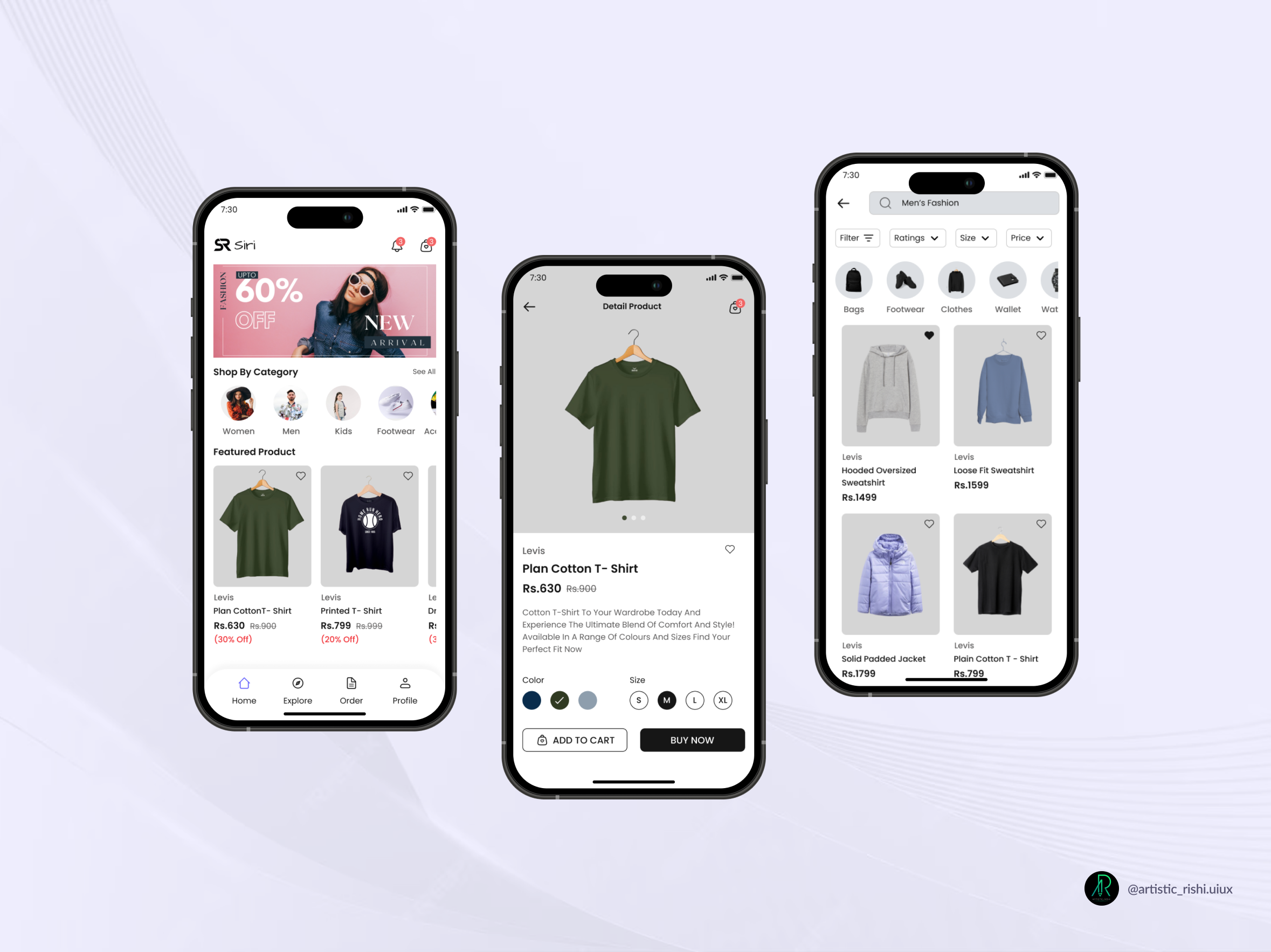 Fashion brand App app design artist artistic rishi cart view clothing app design explore fashion app fashion store home screen list view notification online store order product screen rishikesh malviya ui uiux uiux designer ux