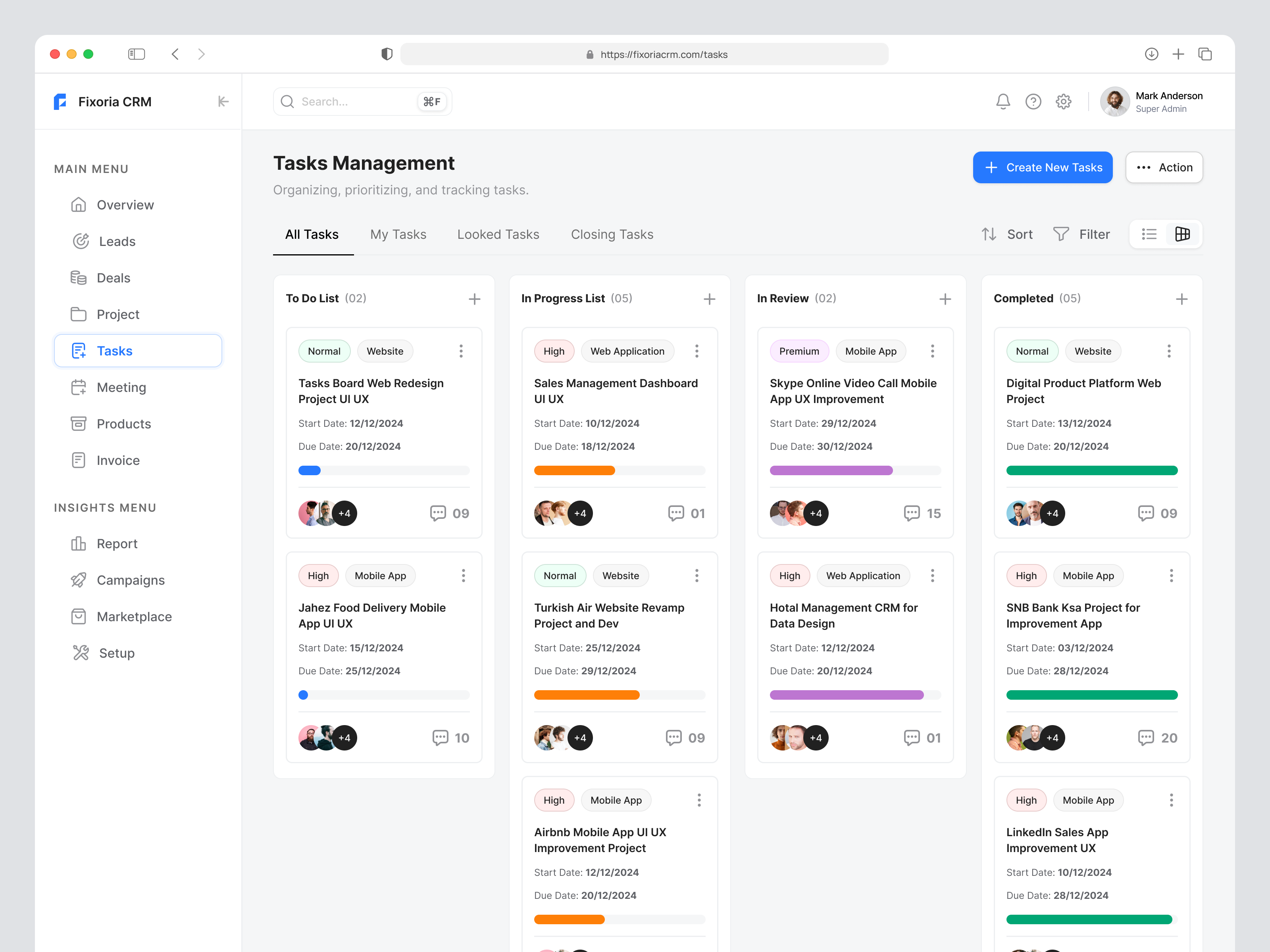 Tasks Management UI - SaaS Dashboard allinonecrm application ui businessgrowth clean crmfeatures customerrelationshipmanagement dashboard fixoria studio fixoriacrm kazimahbub minimal projecttracking task management task ui taskmanagement taskprioritization tasktracking web app