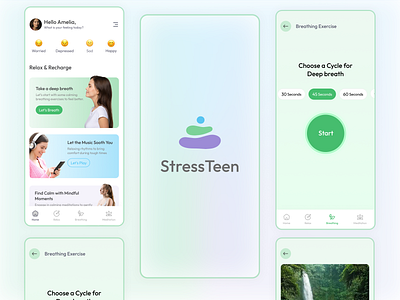 StressTeen - Your Stress Relief Companion Application breating app creative exercise app home page meditation meditation app meditation ui mobile mobile app mobile application music app splash splash sceen stress relief app ui ui design ui designer ux ux design ux designer