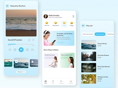 Stress Relief Application Mobile Design figma figma design maditation meditation app meditation application meditation ui mobile app mobile application mobile ux design music app music application music screen play sceen playlist relief app stress app stress relief ui design user experiece ux