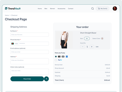 TrendVault Checkout Page Design checkout page designj chekout page ecommarce ecommarce order ecommarce website ecommerce ui design minimal minimal website order details design order page order page design order page ui order place order summary place order shopping card ui ux design web ui design website design