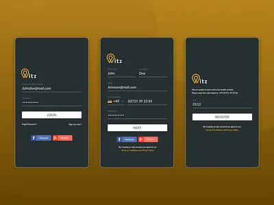 Witz Mobile App - Authentication Screens authentication dark form login mobile register ui