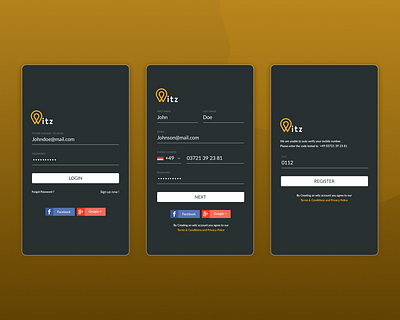 Witz Mobile App - Authentication Screens authentication dark form login mobile register ui