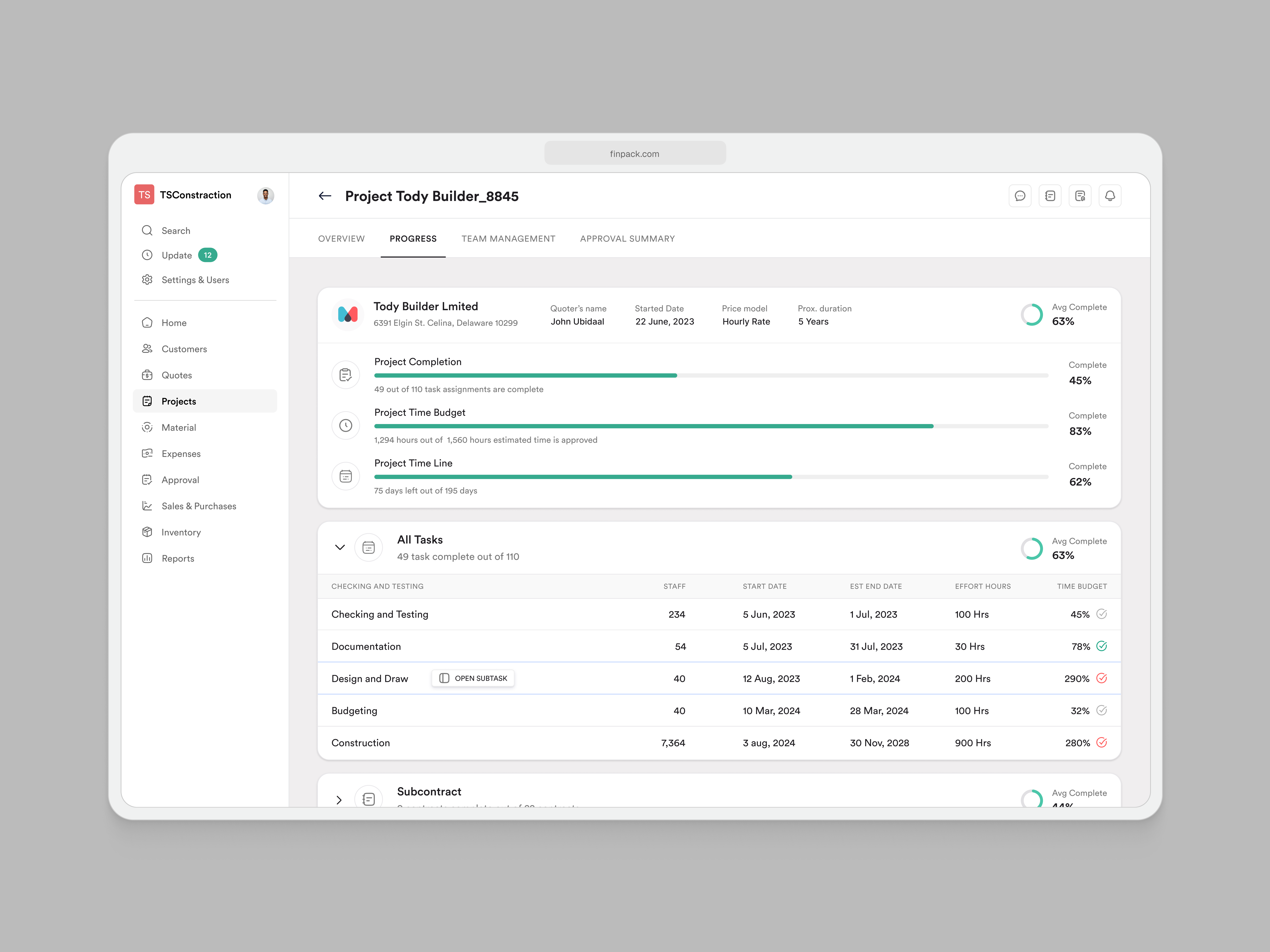 Project Progress - Construction Management Saas constractionproject construction construction plan dashboard estimate progress project projectmanagement real estate saas ui ux webapp