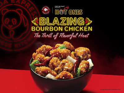 Panda Express x Hot Ones - Blazing Bourbon Chicken advertisement brand identity branding chinese food commercial fast food food campaign food retouching graphic design hot ones illustration jeffrey dirkse neon neon lights neon typography panda express retouching visual identity