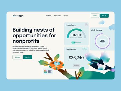 Magpy Landing Page branding charity dashboard hero design illustration landing page magpie nonprofits saas technology web design webflow