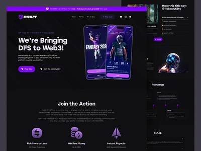 Draft - Web 3.0 Daily Fantasy Sports Landing Page Concept concept crypto daily fantasy sports dark mode design fantasy football figma futuristic game landing page modern player purple sports statistics ui ux web 3.0 web3 website