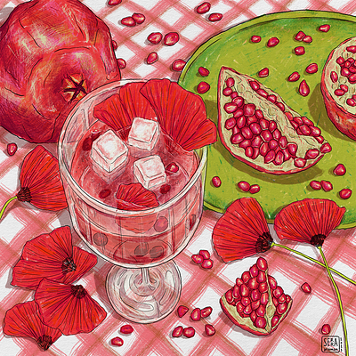 Pomegranates & Poppies digital drawing digital illustration drink illustration flowers food food drawing food illustration poppies poppy illustration