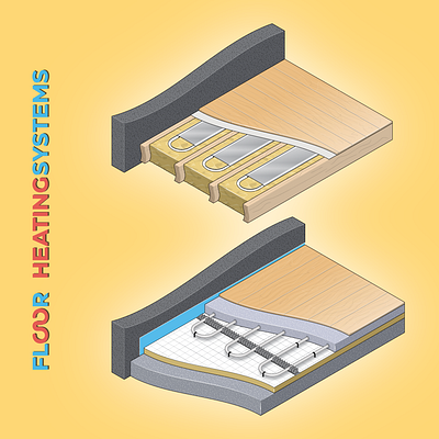 A detailed cutaway technical illustration of a heated floor cutaway cutaway illustration technical illustration