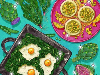 Spinach & Artichoke artichoke colorful digital drawing digital illustration editorial illustration eggs food illustration illustration peas spinach vegetable illustration