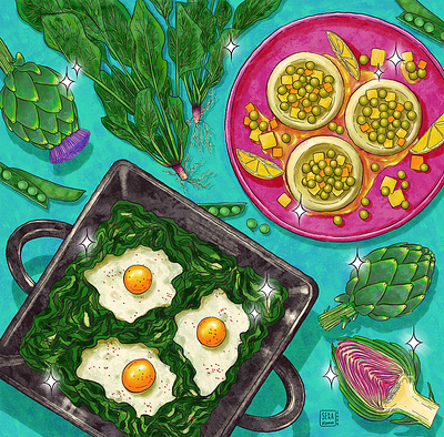 Spinach & Artichoke artichoke colorful digital drawing digital illustration editorial illustration eggs food illustration illustration peas spinach vegetable illustration