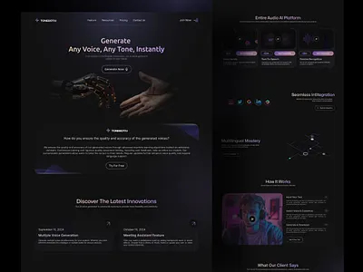 Ai voice generator website ai ai voice generator dark design dark mode figma figma landing page design figma website design landing page ui ui design uiux user experience ux design website design