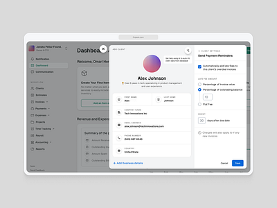 Add client modal - Accounting Software accounting add client ai client client details dashboard finance fintech user user interface userprofile ux