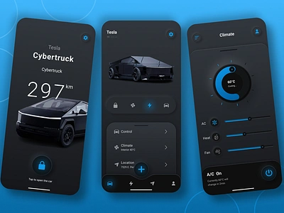 "Tesla Cybertruck Companion App - Minimalist & Futuristic" automotiveui carappdesign climatecontrolui conceptdesign cybertruck dark modeui dashboarddesign electricvehicle futuristicdesign interactivedesign minimalistui mobile appdesign mobileux moderninterface productui smartvehicle tesla teslaapp uxdesign vehiclecontrolapp