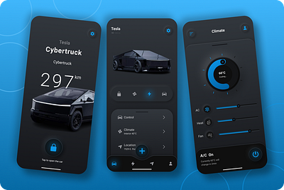 "Tesla Cybertruck Companion App - Minimalist & Futuristic" automotiveui carappdesign climatecontrolui conceptdesign cybertruck dark modeui dashboarddesign electricvehicle futuristicdesign interactivedesign minimalistui mobile appdesign mobileux moderninterface productui smartvehicle tesla teslaapp uxdesign vehiclecontrolapp