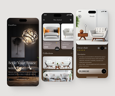 FurniFlow - Furniture Ecommerce App app deesign cushions design ecommerce ecommerce app ecommerce application furniture furniture app home furniture interface interior design mobile app mobile app design mobile application mobileapp product design ui ui design uiux ux