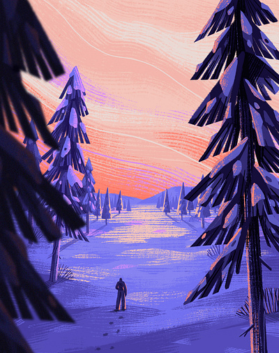 Lapland adventure design illustration lapland nature pine pink procreate purple snow sunrise sunset tree web illustration winter