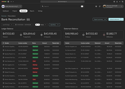 Bank reconciliation solution - B2B Finance b2b darkmode dashboards design enterprise product design ui uxui web apps