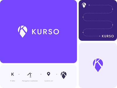 Kurso — Branding exploration app bento branding gps graphic design illustration k letter logo purple