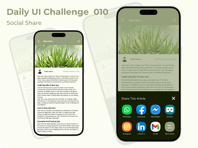 Challenge #010 - Social Share UI Design | Daily UI aloevera articlesharing cleanui blureffect dailyui designchallenge greencolor interactiondesign intuitivedesign minimaldesign mobileappdesign plant popupmenu socialshare uidesign uiux userexperience webdesign