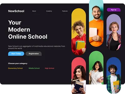 🎓 NewSchool - Modern Online School Landing Page aesthetic cleandesign dailyui darkmode darktheme design edtech education elearning figma landingpage minimal ui ux webdesign