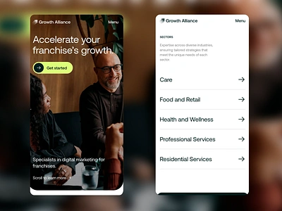 Growth Alliance - Digital Marketing App app design app interface business app digital marketing food and retail franchise health and wellness marketing app menu mobile app mobile app ui modern app design professional services residential services sectors specialists ui ui design ux ux design